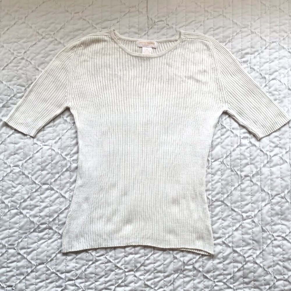 100% Silk Ribbed Knit T-Shirt - Brooks Brothers - Size M - Ivory/Cream